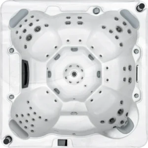 Overhead view of an Aquatic Spas Acadia A4P-875B 8 foot hot tub with open seating for 8 people, touchscreen controls, LED lighting, and a pop-up Bluetooth stereo, making this spa a great Twin Cities jacuzzi experience.