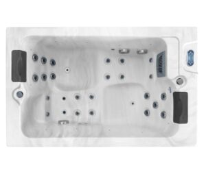 Overhead view of an Aquatic Spas Ella W1P-625D 6 foot hot tub with dual lounge seating, 25 jets, LED lighting and Bluetooth speakers, creating a comfortable Minnesota hot tub experience