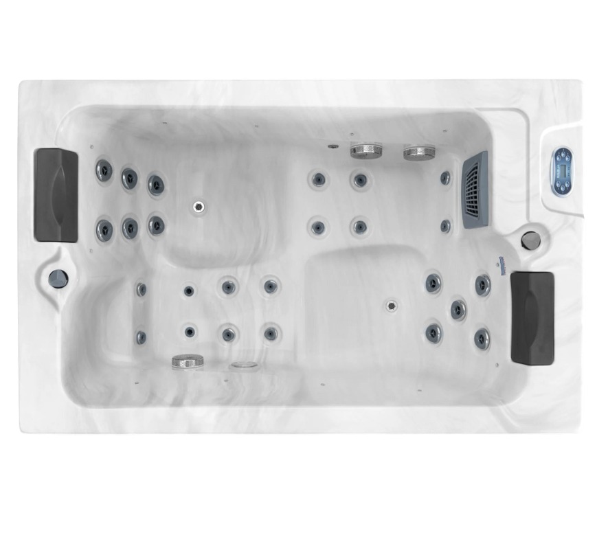Overhead view of an Aquatic Spas Ella W1P-625D 6 foot hot tub with dual lounge seating, 25 jets, LED lighting and Bluetooth speakers, creating a comfortable Minnesota hot tub experience