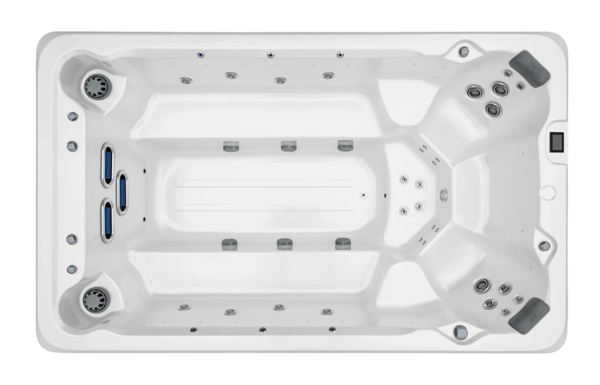 Top-down view of the AquaSwim 13-foot swim spa with dual bench seating and integrated swim and therapy zones, designed for Minnesota backyard fitness and relaxation