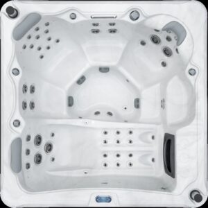 Overhead view of an Aquatic Spas Atlantis A3P-755L 7 foot hot tub with a lounger, LED lighting, and pop-up Bluetooth speakers, making this spa a great Twin Cities jacuzzi experience