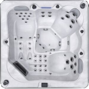 Overhead view of an Aquatic Spas Bella A3P-755D 7 foot hot tub with dual lounge seating for 5 people, LED lighting and Bluetooth speakers, creating a Twin Cities hot spring spa experience with views of leaves and blooming landscapes.