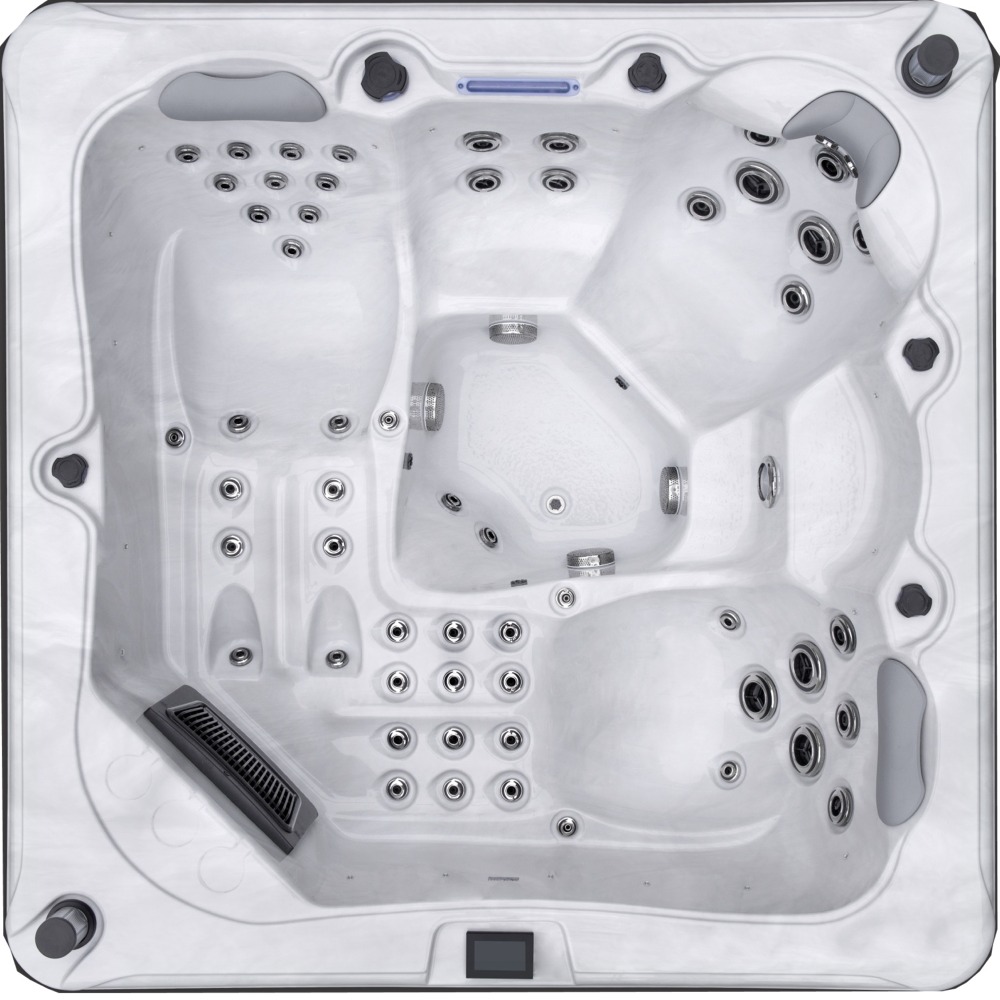 Overhead view of an Aquatic Spas Bella A3P-755D 7 foot hot tub with dual lounge seating, LED lighting and Bluetooth speakers