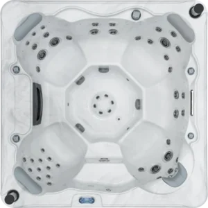 Overhead view of an Aquatic Spas Cascade A3P-755B 7 foot hot tub with seating for 8 people, Bluetooth speakers and LED lighting, measuring 85 by 85 by 36 inches, creating a relaxing Minnesota hot tubs experience