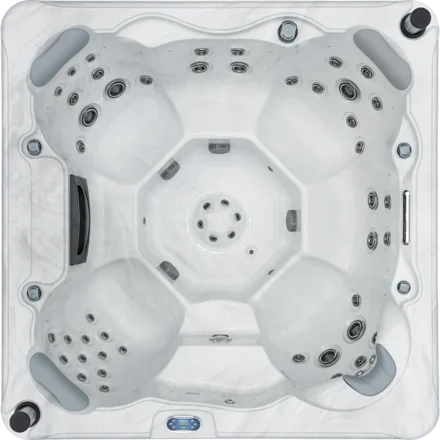 Overhead view of an Aquatic Spas Cascade A3P-755B 7 foot hot tub with seating for 8 people, Bluetooth speakers and LED lighting, measuring 85 by 85 by 36 inches, creating a relaxing Minnesota hot tubs experience