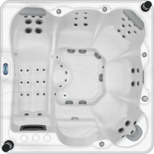 Overhead view of an Aquatic Spas Denali A3P-855L 91 x 91 x 36 inch spa with lounge seating, 55 jets, LED lighting, pop-up Bluetooth speakers and oversized step cool-down seating making this a great Minnesota hot tub for year-round soaking.