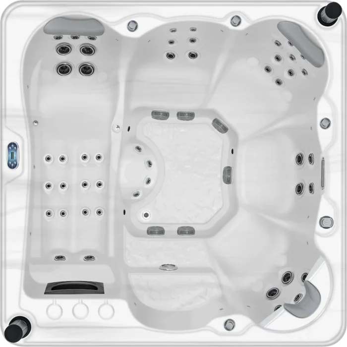 Overhead view of an Aquatic Spas Denali A3P-855L 8 foot spa with lounge seating, 55 jets, LED lighting, pop-up Bluetooth speakers and cool-down seating for Minnesota year-round soaking