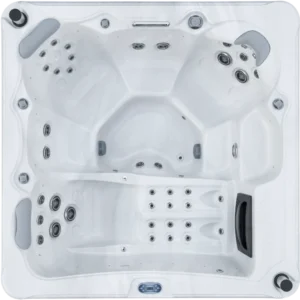 Overhead view of an Aquatic Spas Eclipse A2P-745L 7 foot hot tub with a lounge seat, 45 jets, LED lighting and Bluetooth speakers, delivering Minnesota hot tub fun year-round