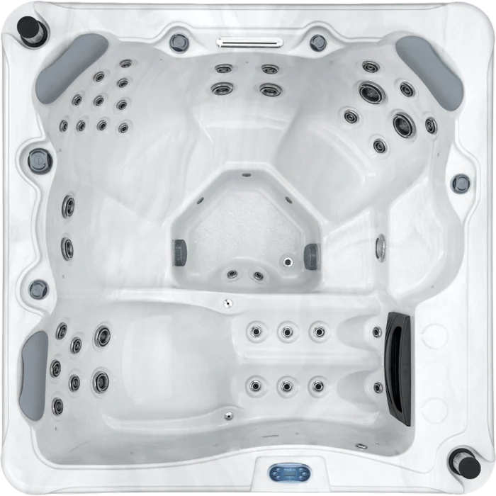 Overhead view of an Aquatic Spas Glacier A2P-640L 6 foot hot tub with a lounge seat, 40 jets, LED lighting and Bluetooth speakers, delivering Minnesota hot tub fun year-round