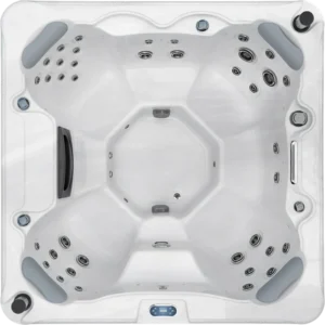 Overhead view of an Aquatic Spas Heritage A2P-640B 6 foot hot tub with open bench seating, 40 jets, LED lighting and Bluetooth speakers, making this a great hot spring deal for Minnesota hot tub buyers