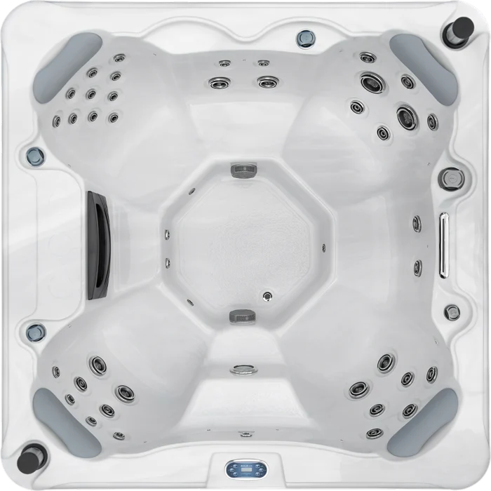 Overhead view of an Aquatic Spas Heritage A2P-640B 6 foot hot tub with open bench seating, 40 jets, LED lighting and Bluetooth speakers, making this a great hot spring deal for Minnesota hot tub buyers