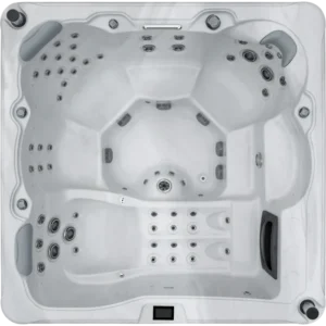 Over head view of an Aquatic Spas Imperial A4P-865L-TS, 8 foot hot tub with seating for 6 including the lounge seat, LED Lighting, Bluetooth Speakers, designed for Minnesota hot tub weather and winter soaking.