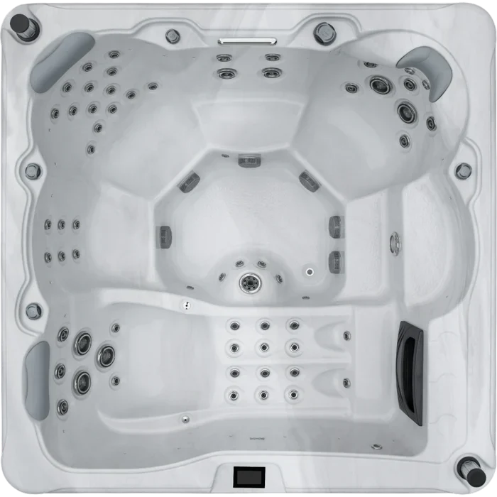 Overhead view of the Aquatic Spas Imperial A4P-865L 8-foot hot tub with a lounge seat, LED lighting, and Bluetooth audio for a premium Minnesota hydrotherapy experience