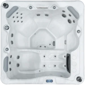 Overhead view of an Aquatic Spas Legacy A1P-630L 6 foot hot tub with a lounge seat, 30 jets, LED lighting and Bluetooth speakers, delivering a classic Minnesota hot tub experience