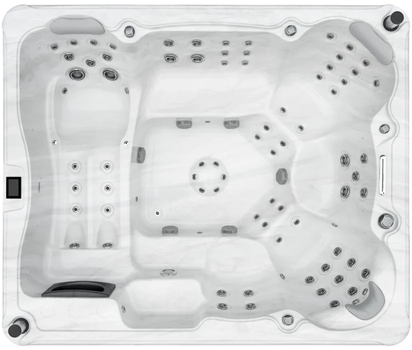 Overhead view of the Aquatic Spas Liberty A4P-985L-TS 9 foot hot tub with lounge seating, LED lighting, and Bluetooth audio for Minnesota backyards