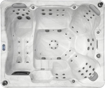 Overhead view of the Aquatic Spas Pearl A3P-965L 9-foot hot tub with lounge seating, LED lighting, and Bluetooth audio for Minnesota backyard entertaining
