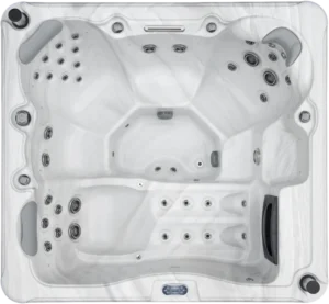 Overhead view of an Aquatic Spas Pinnacle A2P-740L 7 foot hot tub with a lounge seat, 40 jets, LED lighting and Bluetooth speakers, delivering a premium Minnesota hot tub experience
