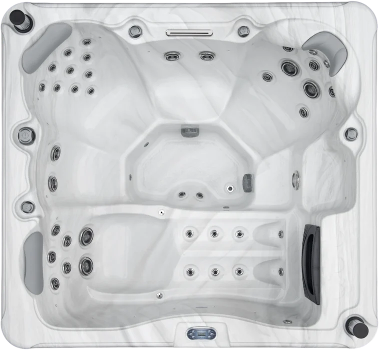 Overhead view of an Aquatic Spas Pinnacle A2P-740L 7 foot hot tub with a lounge seat, 40 jets, LED lighting and Bluetooth speakers, delivering a premium Minnesota hot tub experience