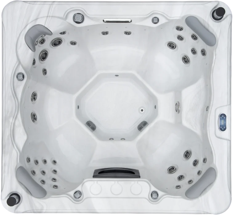 Overhead view of an Aquatic Spas Rainier A2P-740B 7 foot hot tub with open bench seating, 40 jets, LED lighting and Bluetooth speakers, delivering Minnesota hot tub fun year-round