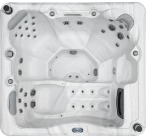 Overhead view of an Aquatic Spas Royale A1P-730L 7 foot hot tub with a lounge seat, 30 jets, LED lighting and Bluetooth speakers, creating a relaxing Minnesota hot tub experience