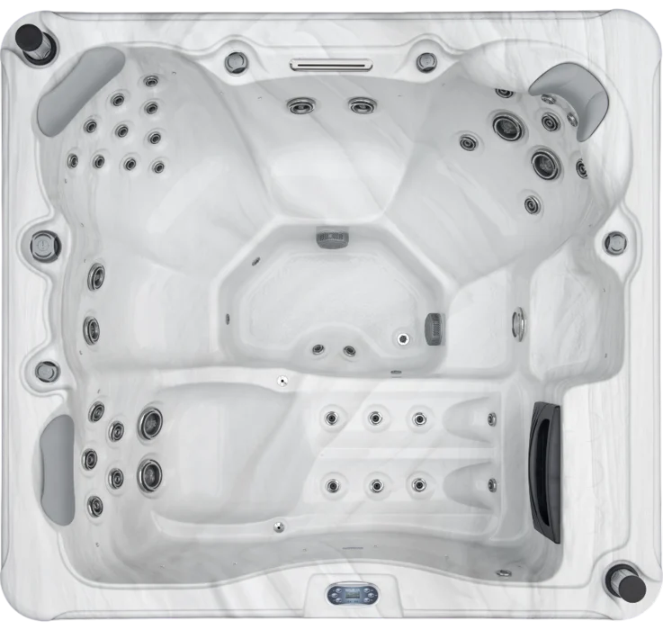 Overhead view of an Aquatic Spas Royale A1P-730L 7 foot hot tub with a lounge seat, 30 jets, LED lighting and Bluetooth speakers, creating a relaxing Minnesota hot tub experience