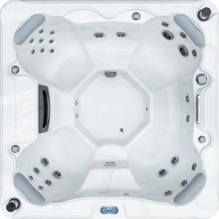 Overhead view of an Aquatic Spas Teton A1P-630B 6 foot hot tub with open bench seating, 30 jets, LED lighting and Bluetooth speakers, creating a comfortable Minnesota hot tub experience