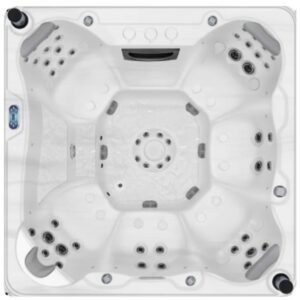 Overhead view of an Aquatic Spas Titan A3P-855B 8 foot hot tub with open bench seating, 55 jets, LED lighting and Bluetooth speakers, delivering a powerful Minnesota hot tub experience