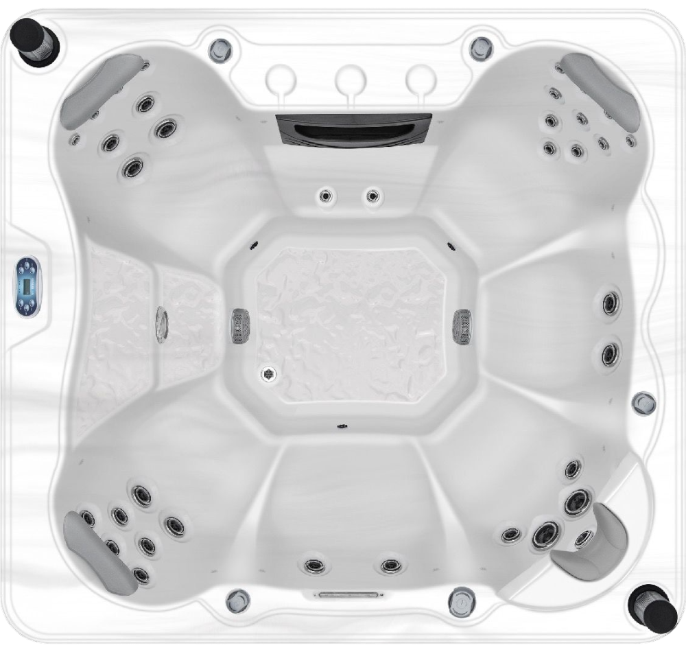 Overhead view of an Aquatic Spas Vesta A1P-732B 7 foot hot tub with open bench seating, 32 jets, LED lighting and Bluetooth speakers, creating a comfortable Minnesota hot tub experience