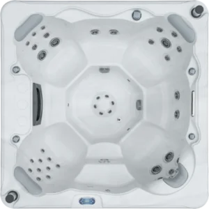 Overhead view of an Aquatic Spas Victory A2P-745B 7 foot hot tub with open bench seating, 45 jets, LED lighting and Bluetooth speakers, delivering a strong Minnesota hot tub experience