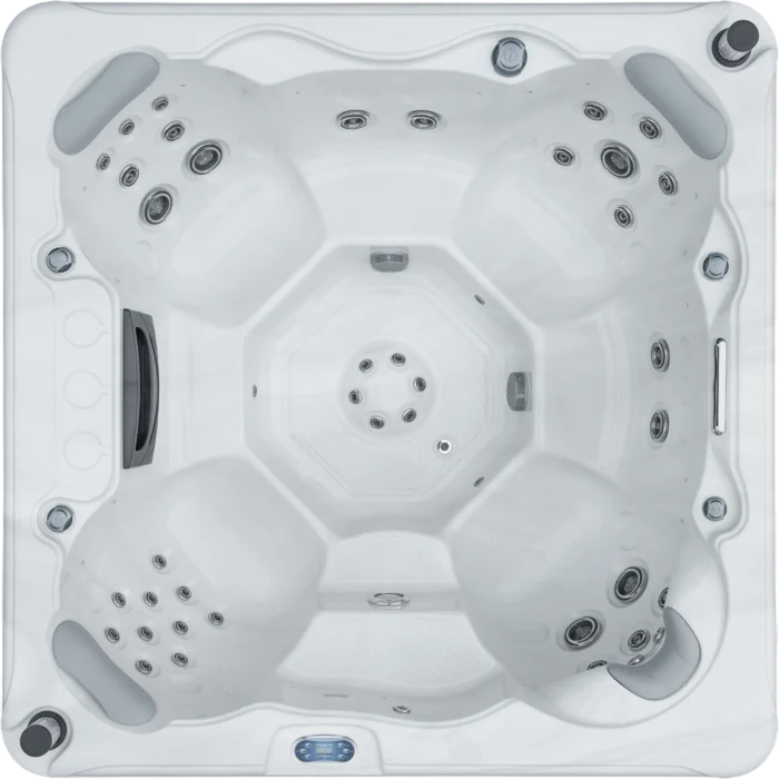 Overhead view of an Aquatic Spas Victory A2P-745B 7 foot hot tub with open bench seating, 45 jets, LED lighting and Bluetooth speakers, delivering a strong Minnesota hot tub experience