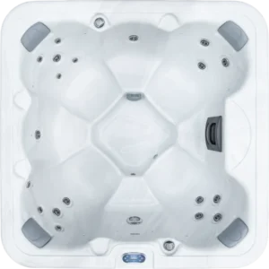 Overhead view of an Aquatic Spas Daytona W1P-620B 6 foot wellness class hot tub with open bench seating, 20 jets, LED lighting and Bluetooth speakers, featuring a 110v plug-and-play design for easy Minnesota backyard setup