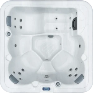 Overhead view of an Aquatic Spas Laguna W1P-620L 6 foot wellness class hot tub with a lounge seat, 20 jets, LED lighting and Bluetooth speakers, featuring a 110v plug-and-play design for easy Minnesota backyard soaking
