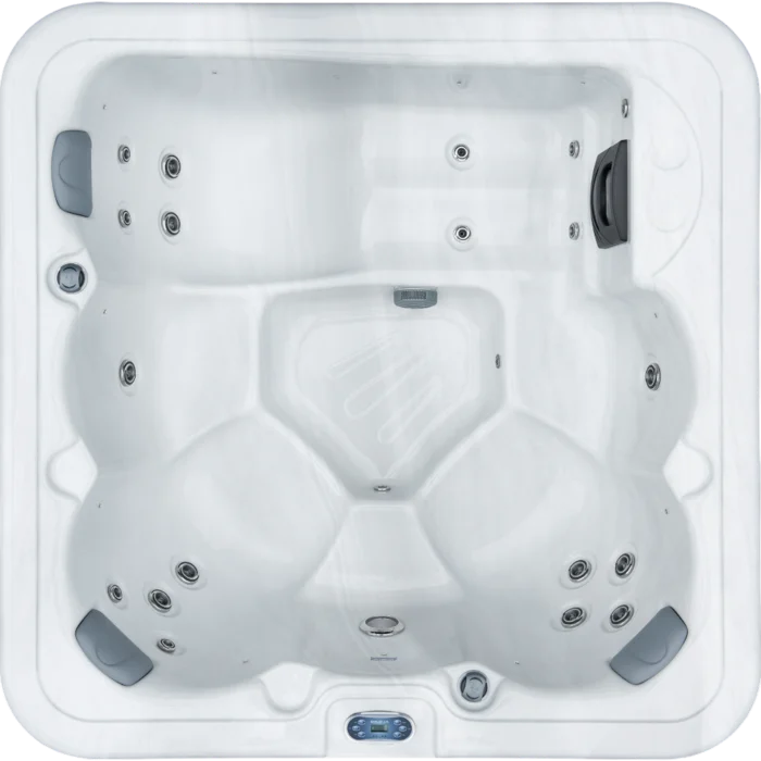 Overhead view of an Aquatic Spas Laguna W1P-620L 6 foot wellness class hot tub with a lounge seat, 20 jets, LED lighting and Bluetooth speakers, featuring a 110v plug-and-play design for easy Minnesota backyard soaking