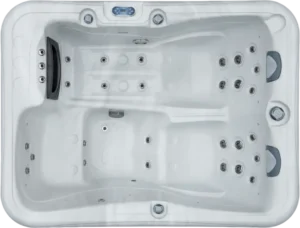 Overhead view of an Aquatic Spas Regal W1P-630L 6 foot 110v plug-and-play hot tub with a lounge seat, 30 jets, LED lighting and Bluetooth speakers, designed for simple Minnesota hot tub enjoyment