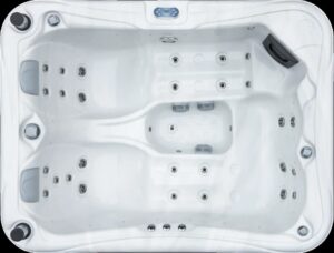 Overhead view of an Aquatic Spas Apollo-1 W1P-635D 6 foot hot tub with dual lounge seating, 35 jets, LED lighting and Bluetooth speakers, creating a comfortable Minnesota hot tub experience