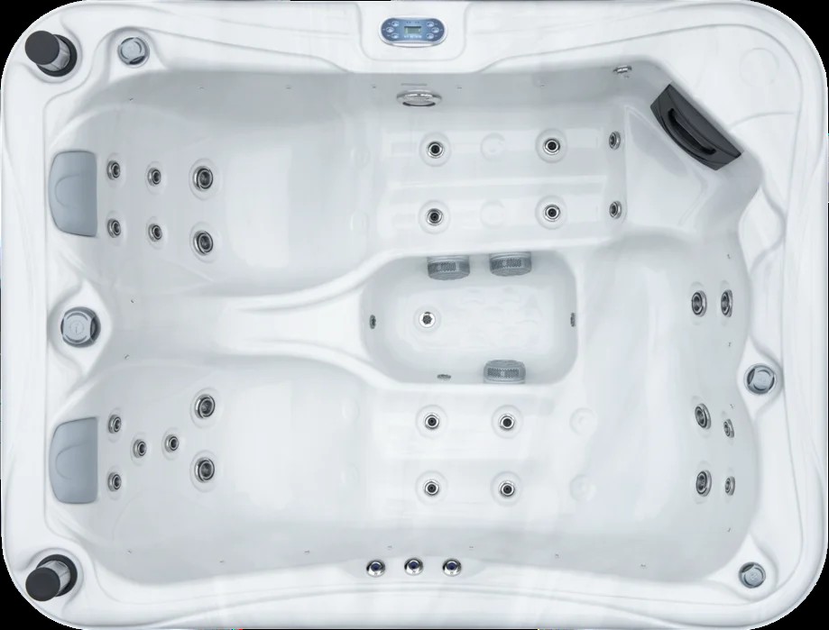 Overhead view of an Aquatic Spas Apollo-1 W1P-635D 6 foot hot tub with dual lounge seating, 35 jets, LED lighting and Bluetooth speakers, creating a comfortable Minnesota hot tub experience