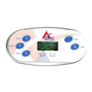 American Select Spas 5 button topside control on a Balboa TP600 panel, Pump 1, Pump 2 and Pump 3 on the left with Temp and Light on the right, shown installed with the display powered on, overlay 440-0199