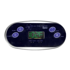 Plug and Power Spas 4 button topside control on a Balboa TP600 panel, Pump 1 and Pump 2 on the left with Temp and Light on the right, shown installed with the display powered on, overlay 440-0122