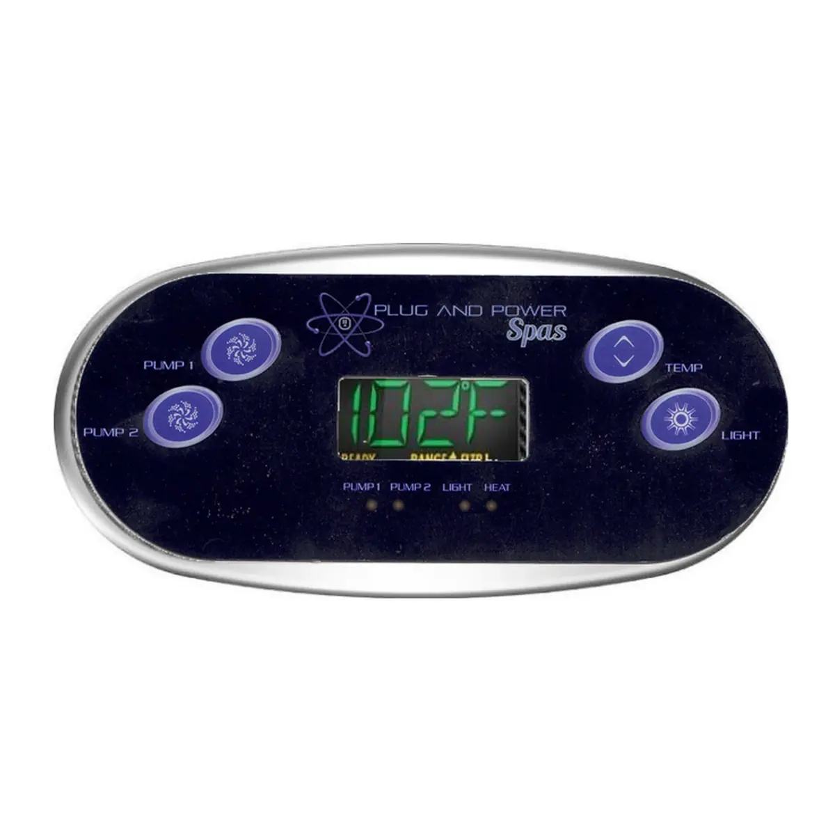 Plug and Power Spas 4 button topside control on a Balboa TP600 panel, Pump 1 and Pump 2 on the left with Temp and Light on the right, shown installed with the display powered on, overlay 440-0122