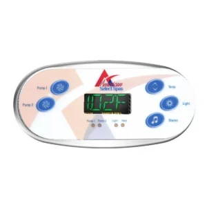 American Select Spas 5 button topside control on a Balboa TP600 panel, Pump 1 and Pump 2 on the left with Temp, Light and Stereo on the right, shown installed with the display powered on, overlay 440-0109