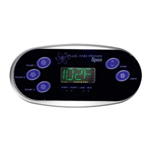 Plug and Power Spas 5 button topside control on a Balboa TP600 panel, Pump 1, Pump 2 and Pump 3 on the left with Temp and Light on the right, shown installed with the display powered on, overlay 440-0190