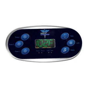 Dr. Wellness Spas 6 button topside control on a Balboa TP600 panel, Pump 1, Pump 2 and Pump 3 on the left with Temp, Light and Stereo on the right, shown installed with the display powered on, overlay 440-0101
