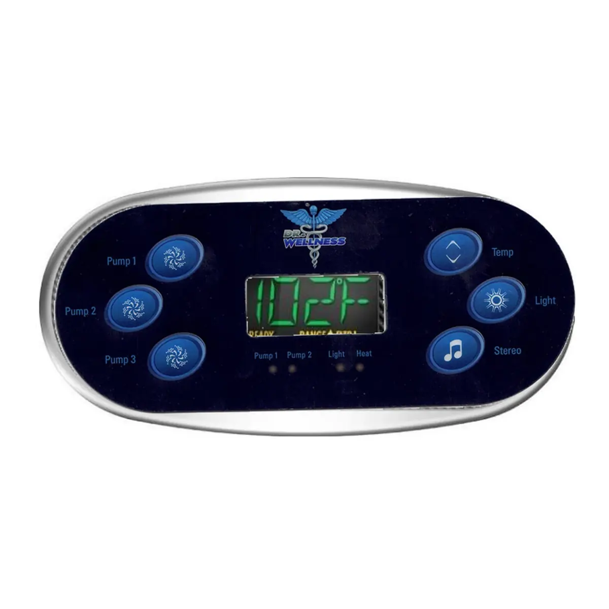 Dr. Wellness Spas 6 button topside control on a Balboa TP600 panel, Pump 1, Pump 2 and Pump 3 on the left with Temp, Light and Stereo on the right, shown installed with the display powered on, overlay 440-0101
