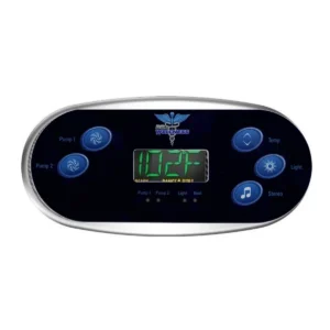 Dr. Wellness Spas 5 button topside control on a Balboa TP600 panel, Pump 1 and Pump 2 on the left with Temp, Light and Stereo on the right, shown installed with the display powered on, overlay 440-0087