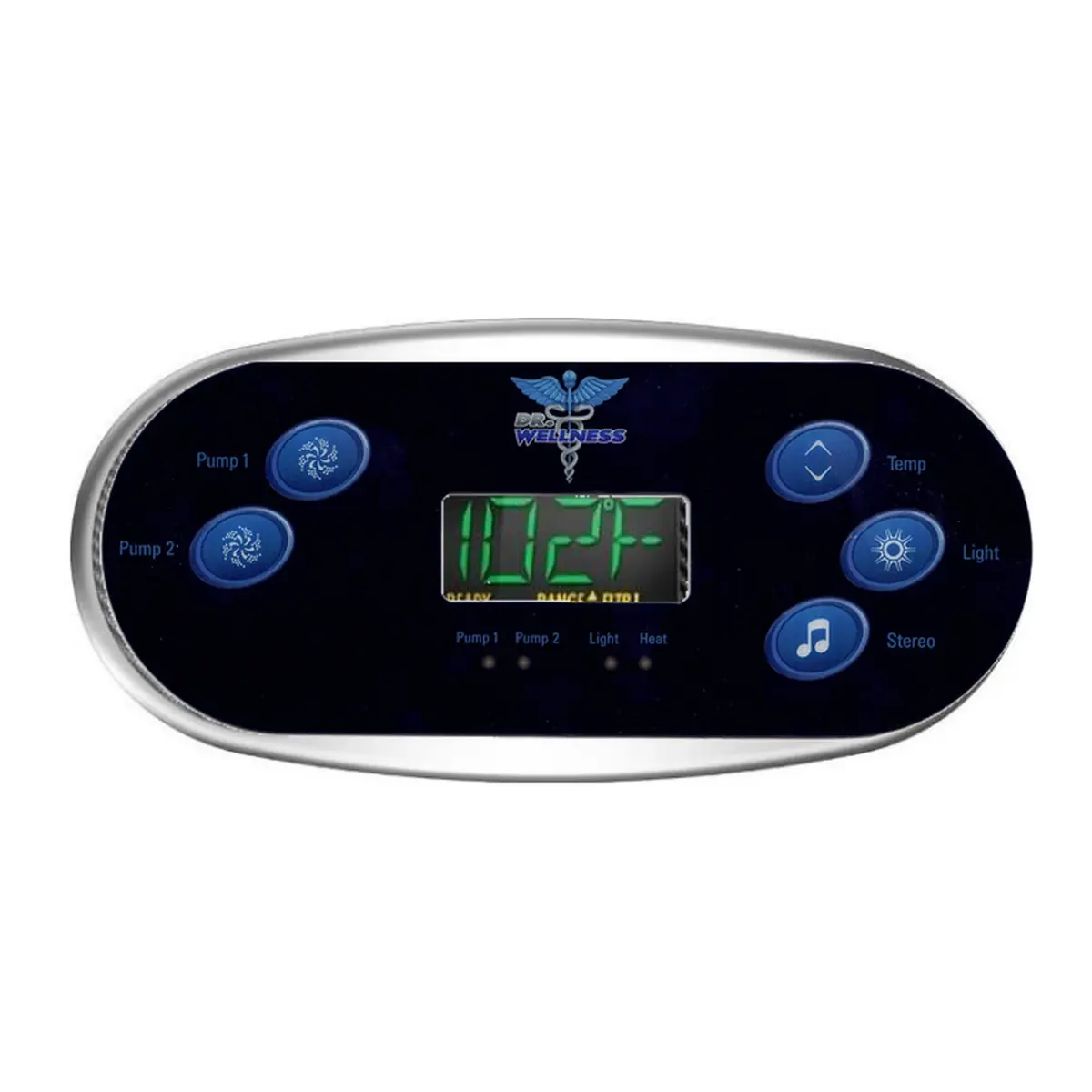 Dr. Wellness Spas 5 button topside control on a Balboa TP600 panel, Pump 1 and Pump 2 on the left with Temp, Light and Stereo on the right, shown installed with the display powered on, overlay 440-0087