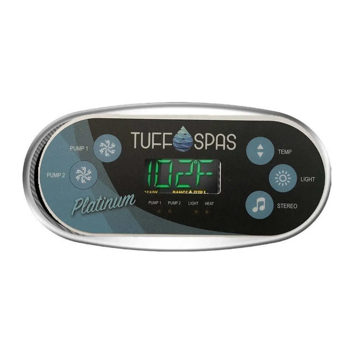 Tuff Spas Platinum 5 button topside control on a Balboa TP600 panel, Pump 1 and Pump 2 on the left with Temp, Light and Stereo on the right, shown installed with the display powered on, overlay 17410