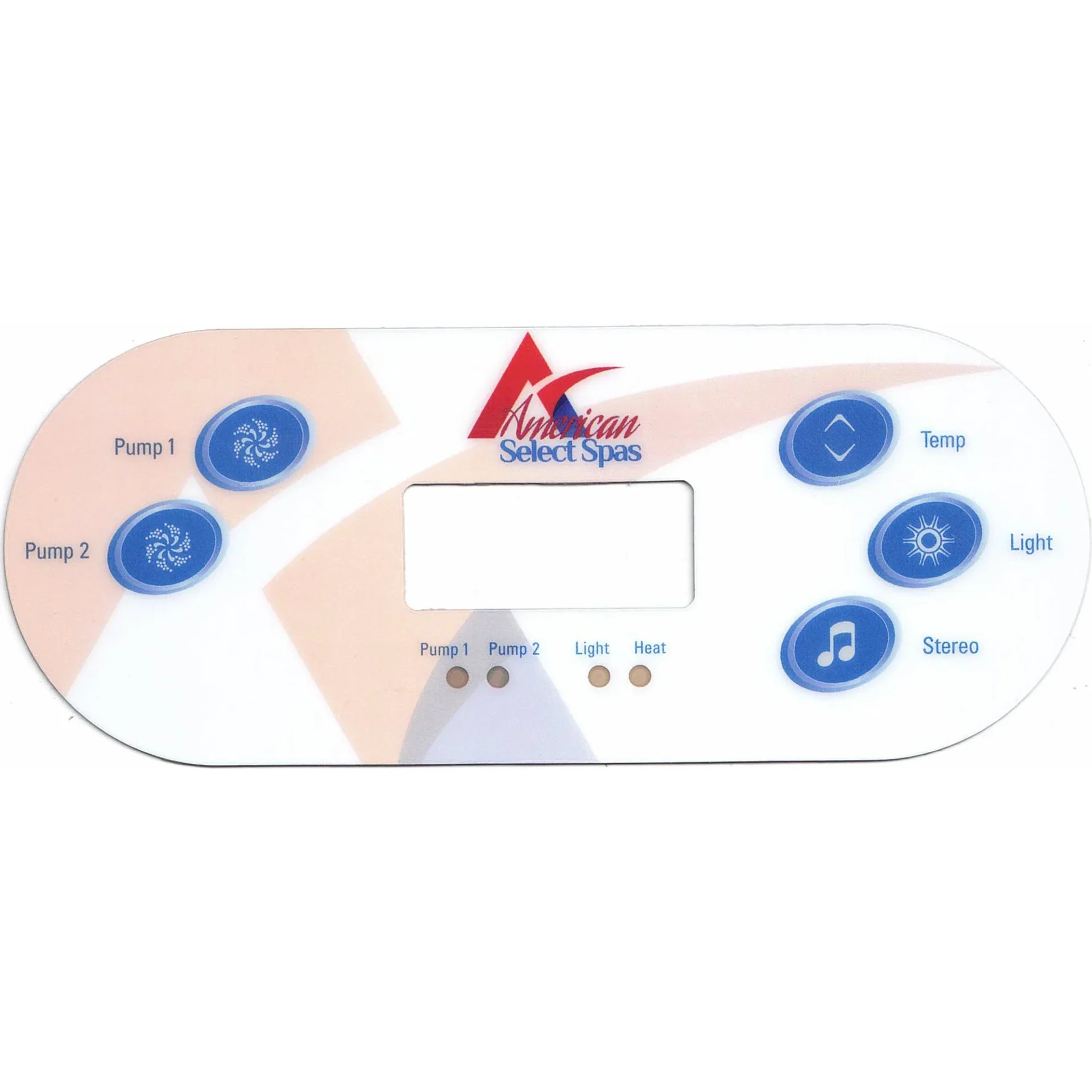 American Select Spas TP600 topside control overlay with Pump 1 and Pump 2 on the left and Temp, Light and Stereo on the right