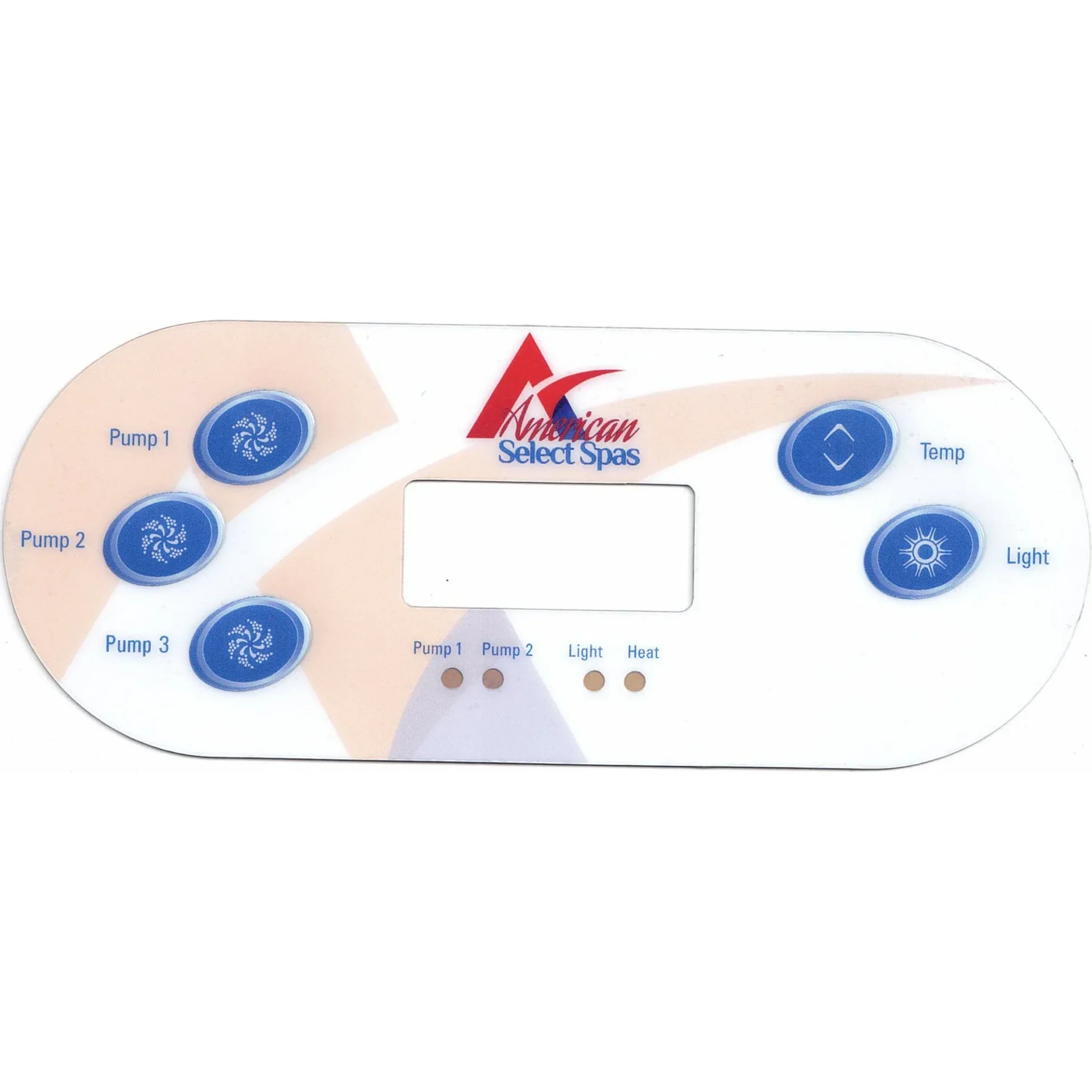 American Select Spas TP600 topside control overlay with Pump 1, Pump 2, Pump 3 on the left and Temp and Light on the right