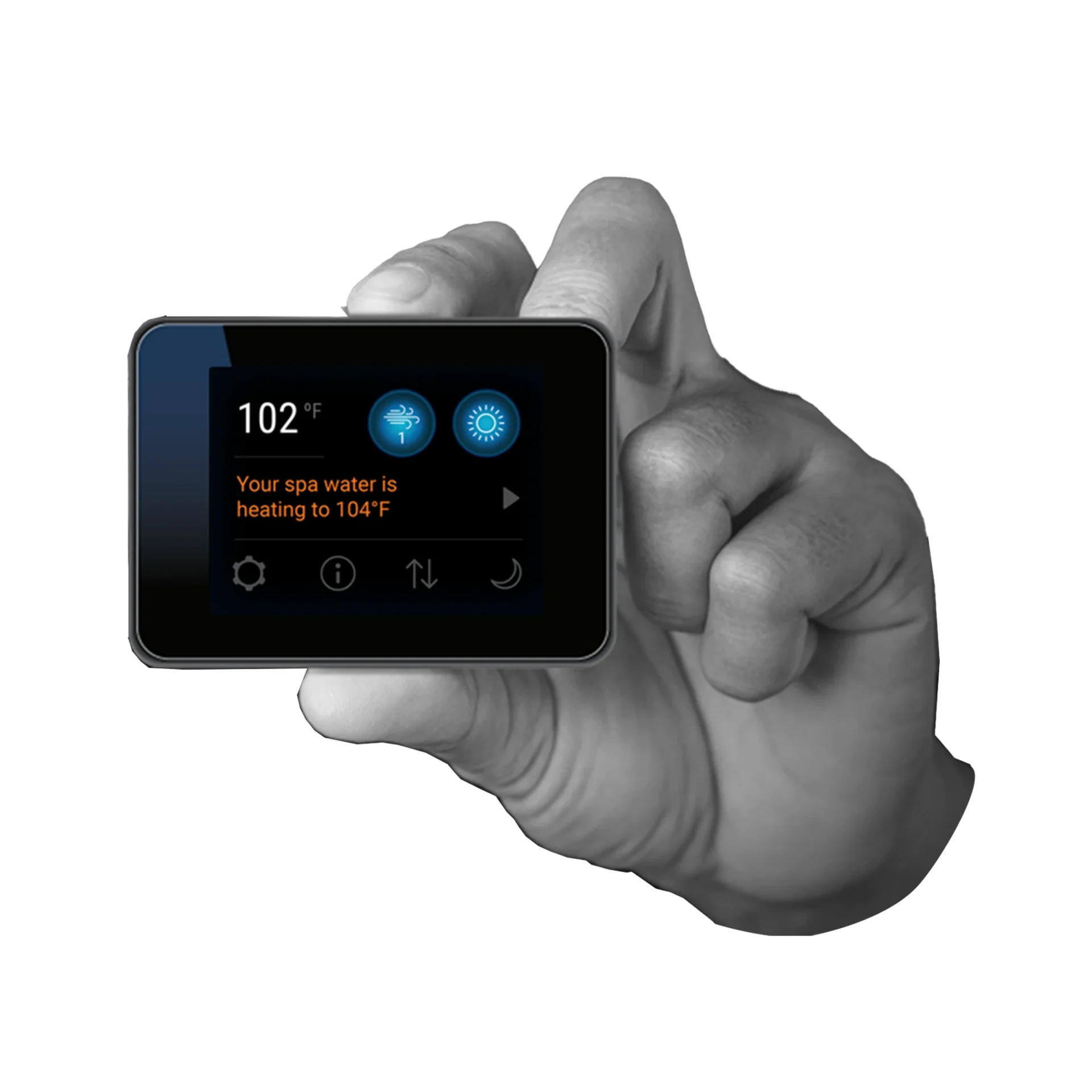 Balboa SpaTouch Mini topside control held in a hand, showing the compact size of the 3-3/8 by 2-1/2 inch touchscreen panel