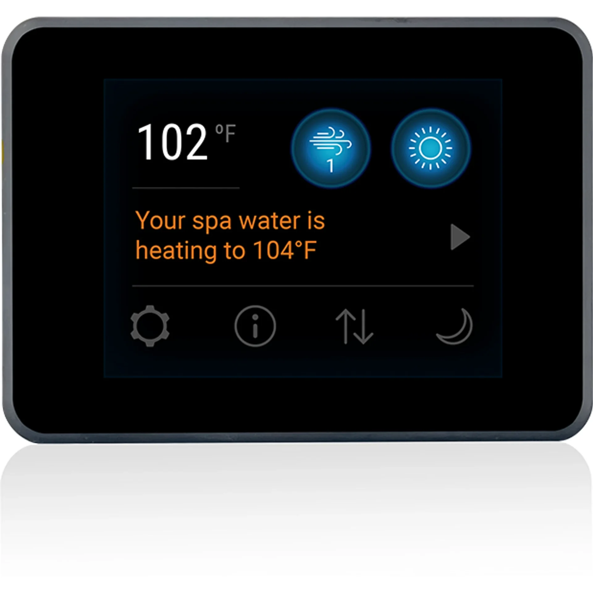 Balboa SpaTouch Mini touchscreen topside control, front view of the compact full-color display showing water temperature, jet and light controls